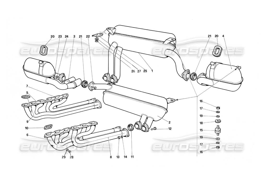 Ferrari Testarossa (1987) Exhaust System (Not for U.S.- SA and CH87) Part Diagram
