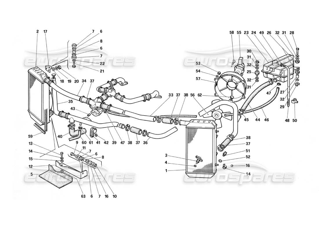 Ferrari Testarossa (1987) Cooling System Part Diagram
