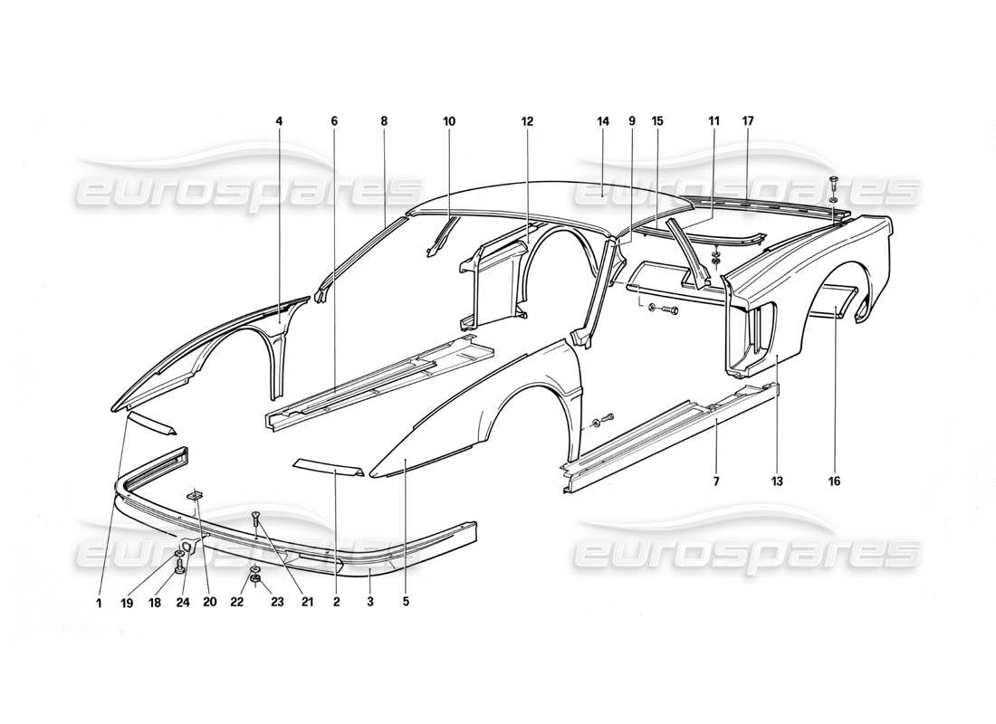 Ferrari Testarossa (1987) Body - External Components Part Diagram