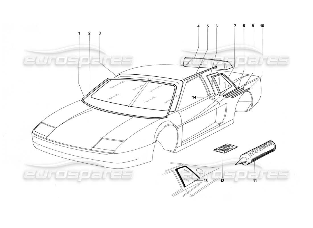 Ferrari Testarossa (1987) Windows Part Diagram