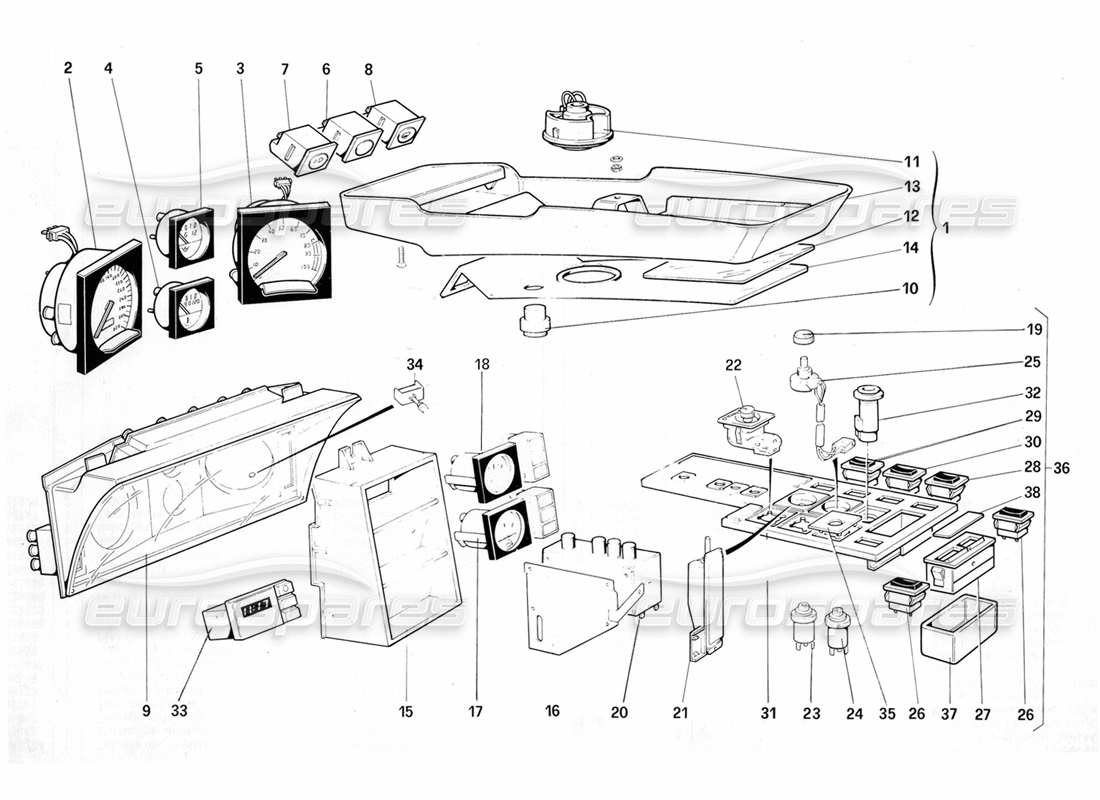 Ferrari Testarossa (1987) Instruments and Passenger Compartment Accessories (for U.S. Version MY 1987) Part Diagram