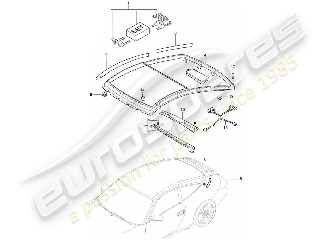 Porsche 997 (2005) glass roof Part Diagram