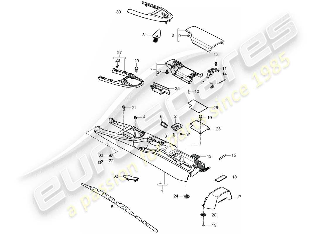 Porsche 997 (2006) CENTER CONSOLE Parts Diagram