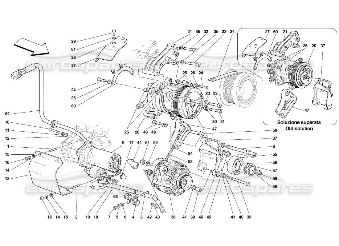 Ferrari 456 GT/GTA Alternator Starting Motor and A.C. Compressor Part Diagram