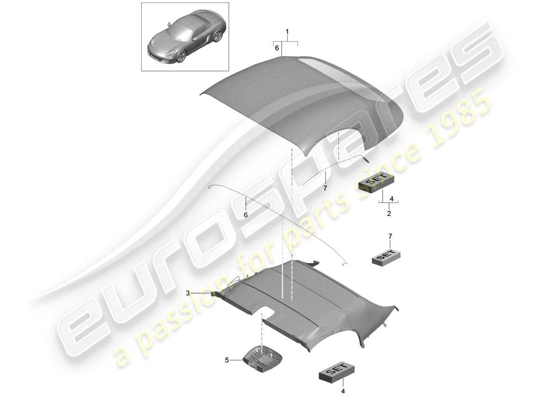 Porsche Boxster 981 (2012) convertible top covering Part Diagram
