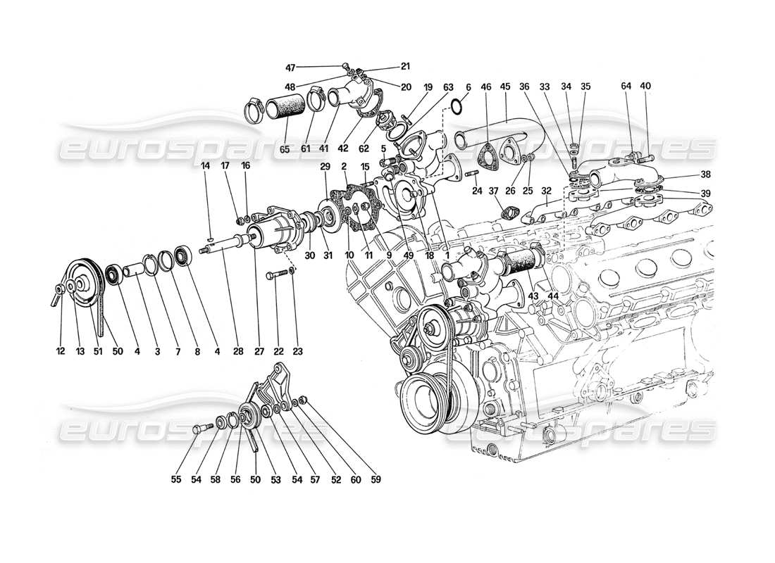 Ferrari 288 GTO Water Pump and Pipings Part Diagram