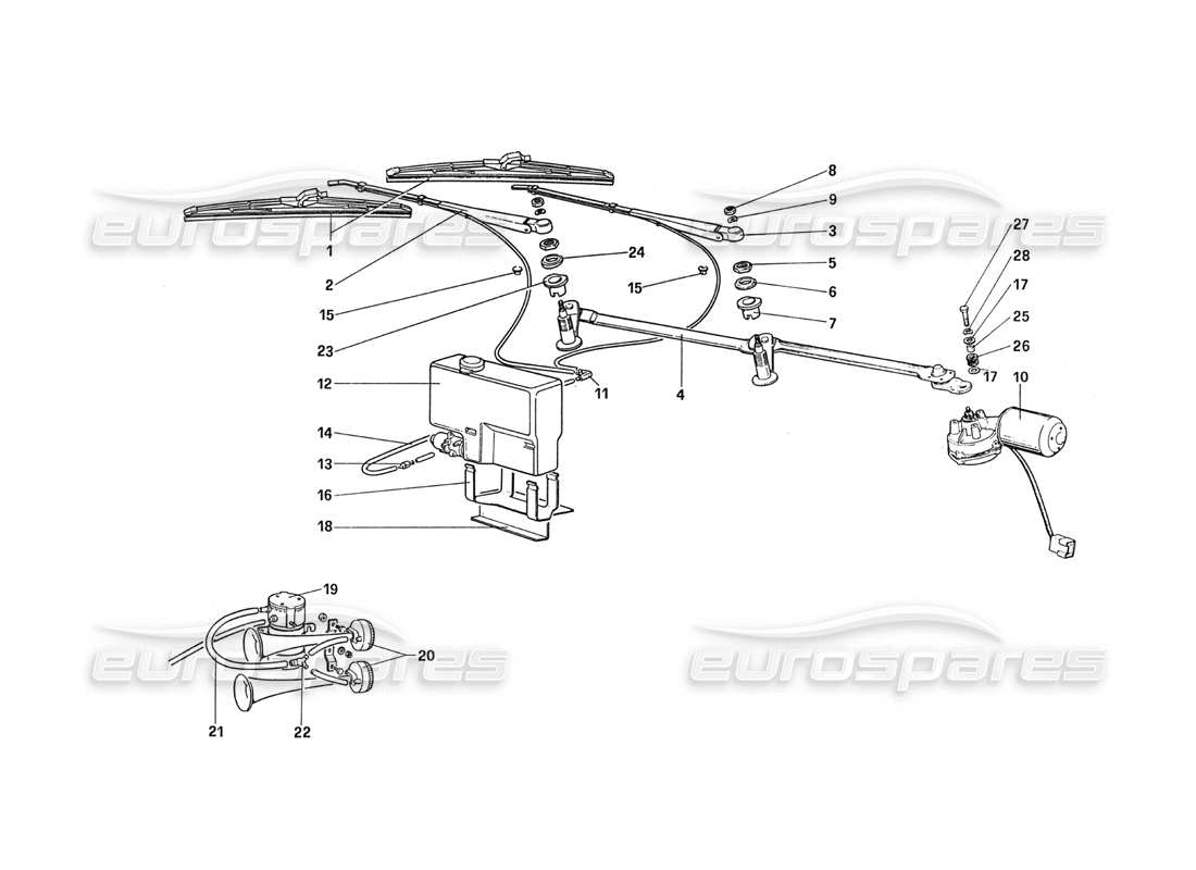 Ferrari 288 GTO Windshield Wiper - Washer and Horn Part Diagram