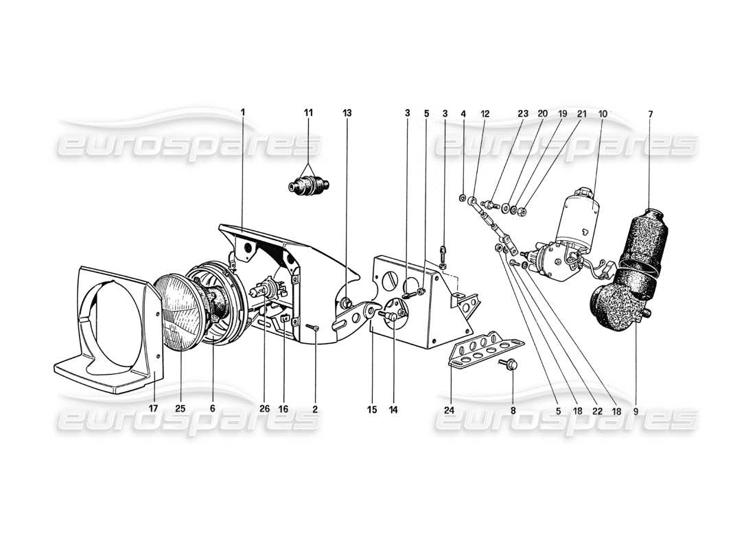 Ferrari GTO Headlights Lifting Device And Sealed Beams Part Diagram