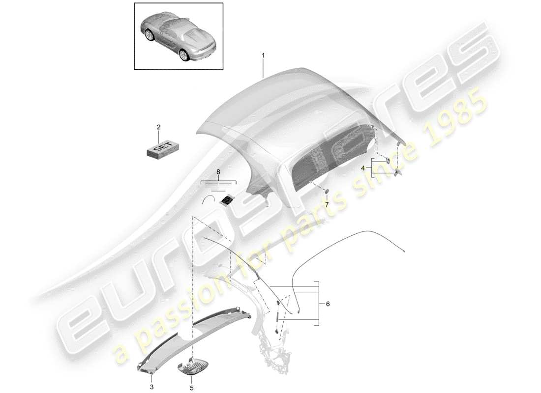 Porsche Boxster Spyder (2016) convertible top covering Part Diagram
