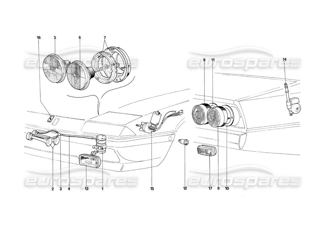 Ferrari 412 (Mechanical) Front and Rear Lights - Horns and Aerial Part Diagram