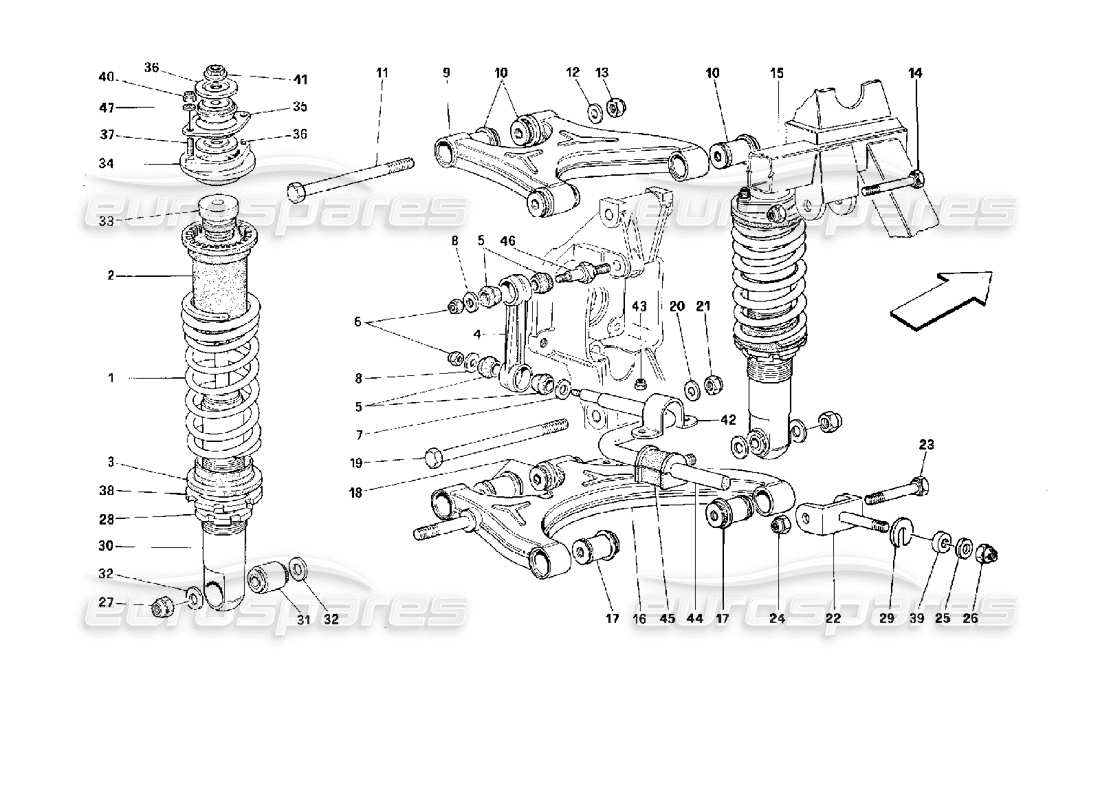 Ferrari 512 TR Rear Suspension - Wishbones and Shock Absorber Part Diagram