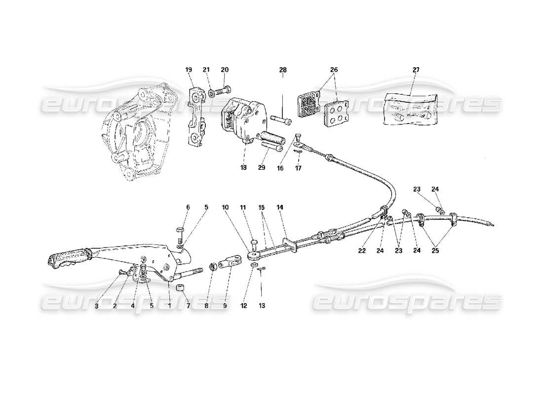 Ferrari F40 Hand-Brake Control and Caliper Part Diagram