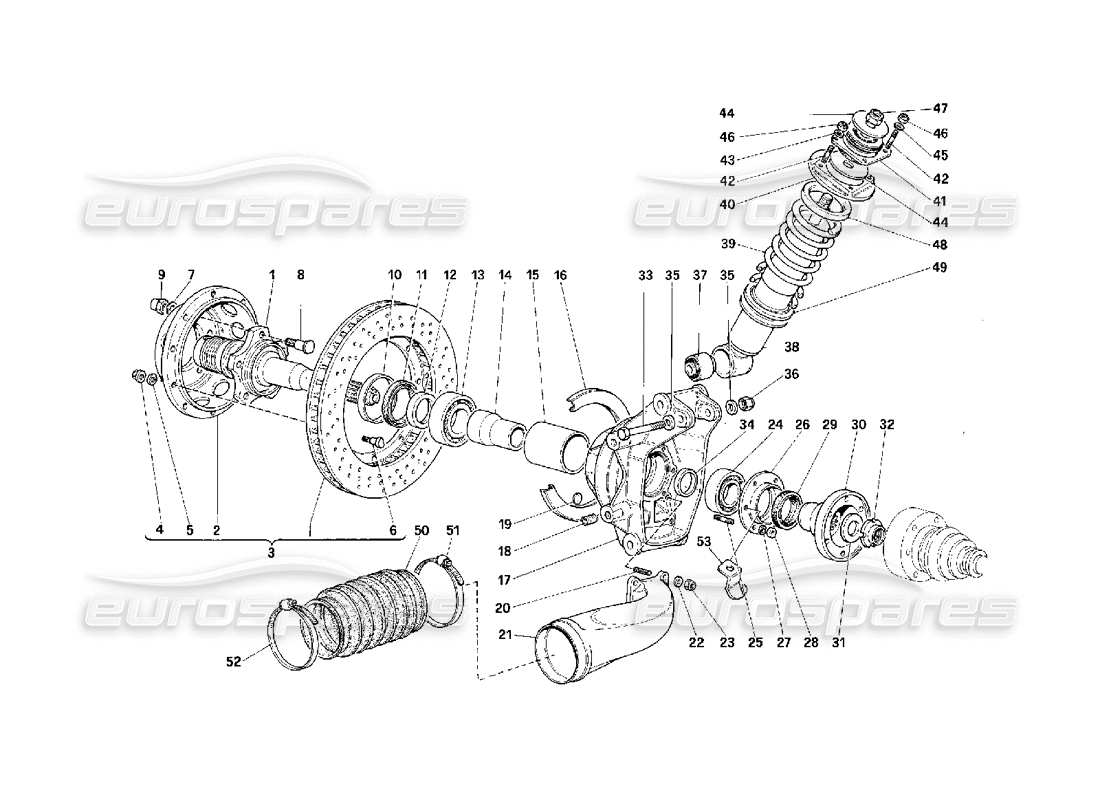 Ferrari F40 Rear Suspension - Shock Absorber and Brake Disc Parts Diagram