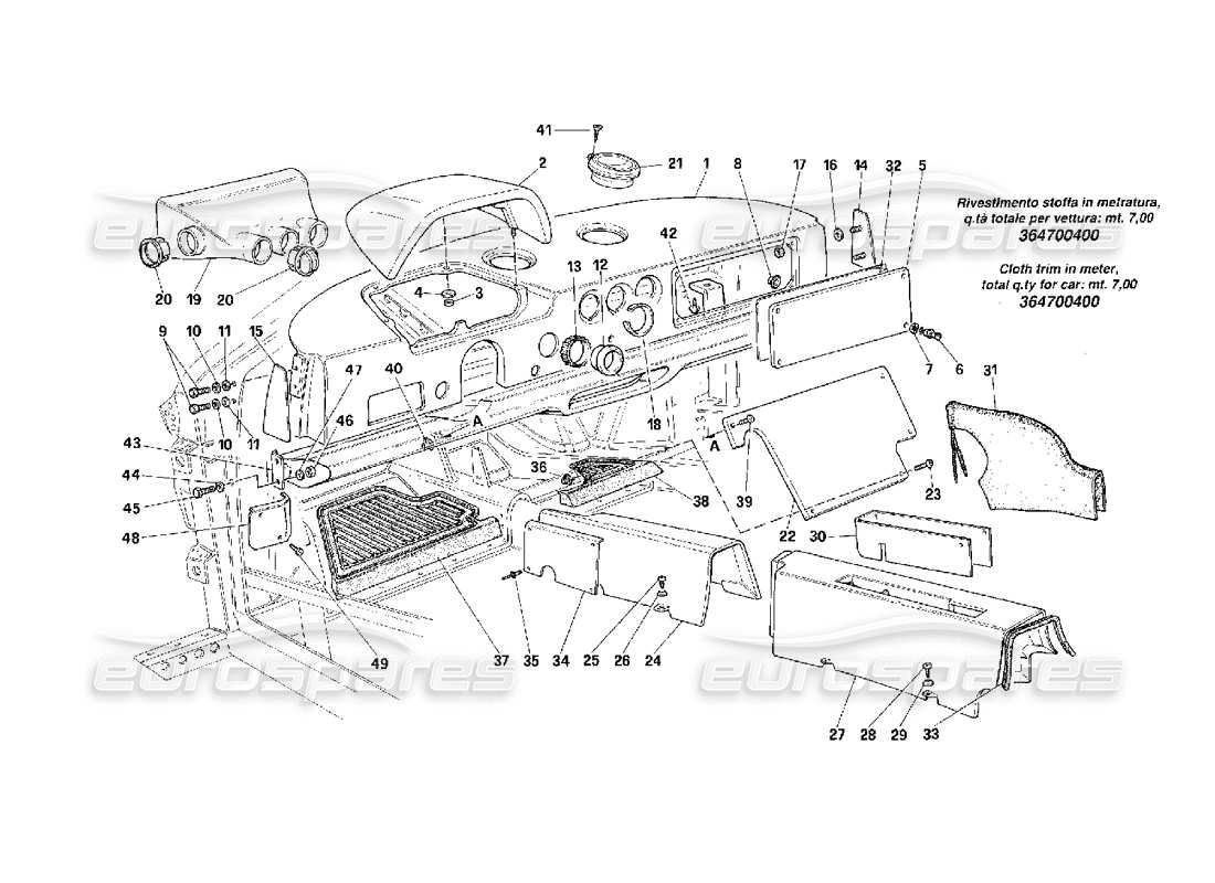 Ferrari F40 Dashboard and Tunnel Parts Diagram