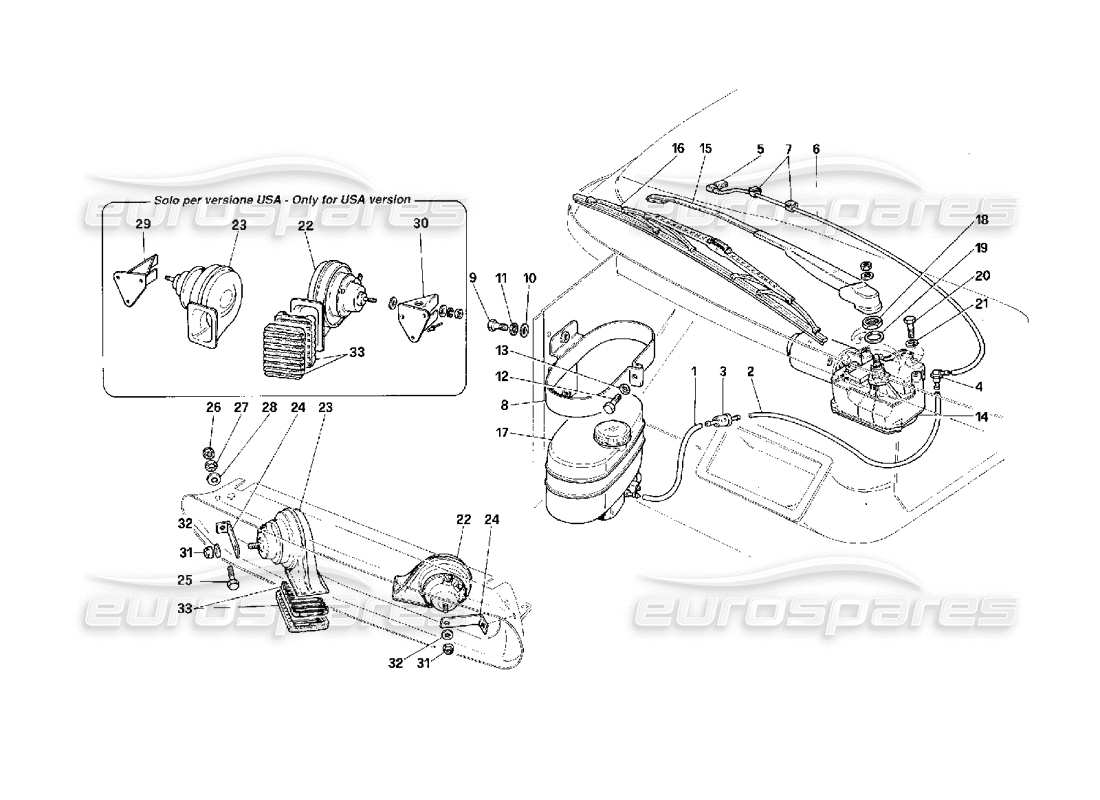 Ferrari F40 Windshield Wiper and Horns Parts Diagram