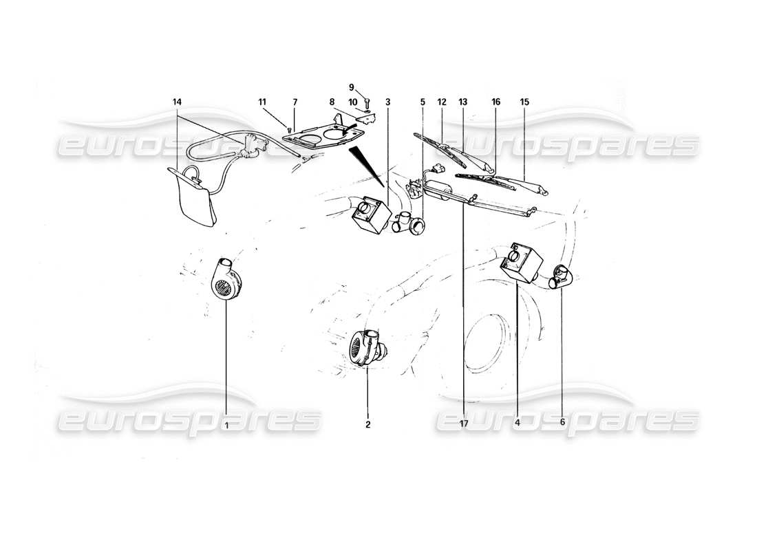 Ferrari 400 GT (Mechanical) Coolinf Electric Fans, Heating and Windscreen Washer Part Diagram
