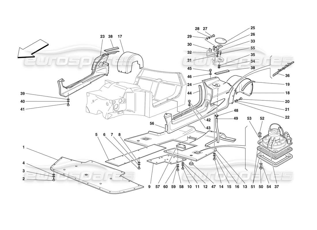 Ferrari F50 Body - Lateral Elements, Flat Floor Pan and Rear Wheelhouses Parts Diagram