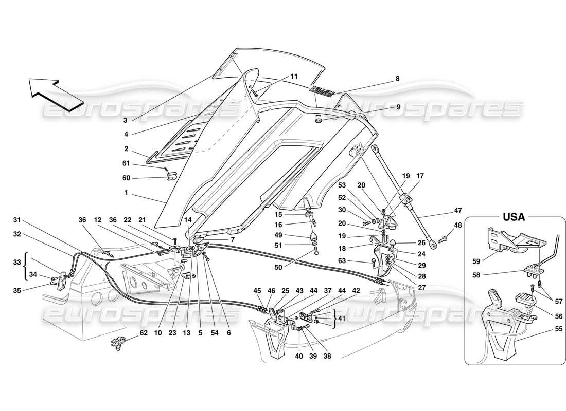 Ferrari F50 Rear Hood and Opening Control Part Diagram