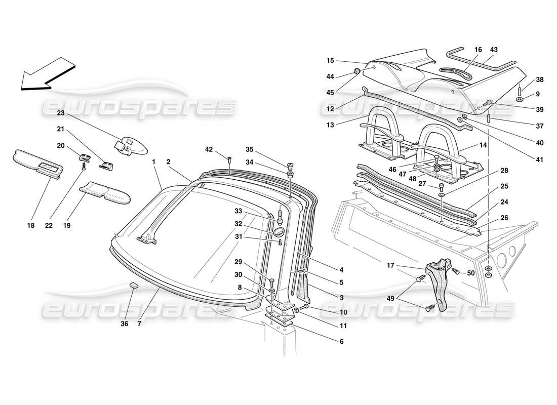 Ferrari F50 Windscreen Pillar and Sporting Roll-Bar Part Diagram