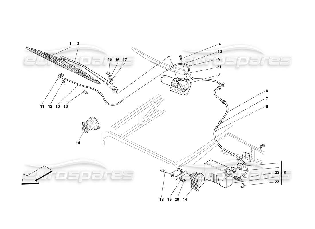 Ferrari F50 Windshield Wiper, Windshield Wiper Container and Horns Part Diagram