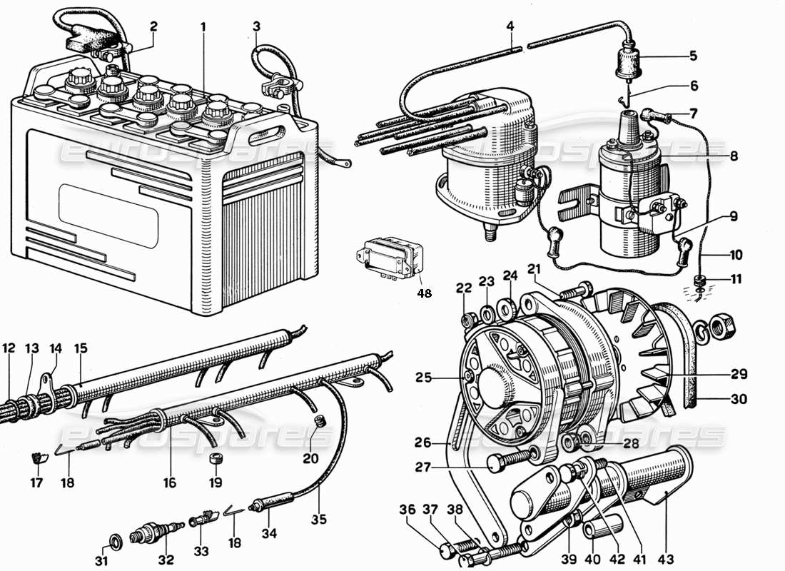 Ferrari 365 GT 2+2 (Mechanical) Generator and Battery Table Part Diagram