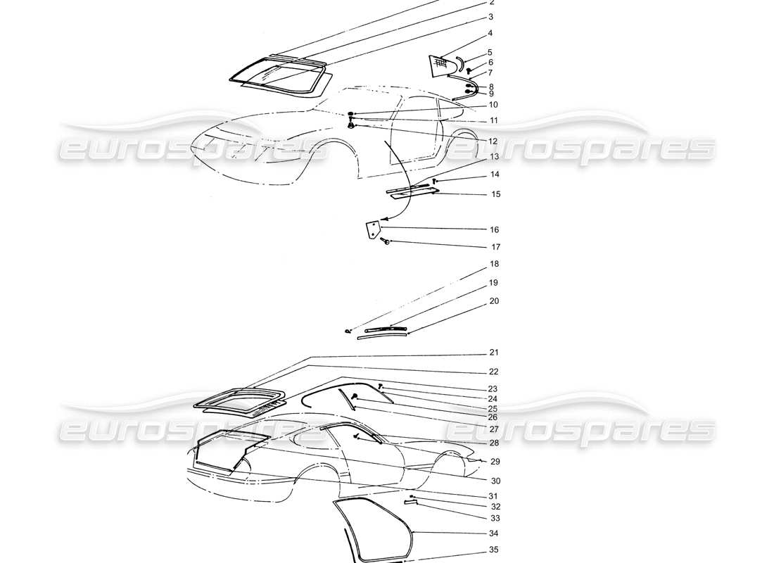 Ferrari 365 GTB4 Daytona (Coachwork) Glass & Rubber seals Part Diagram