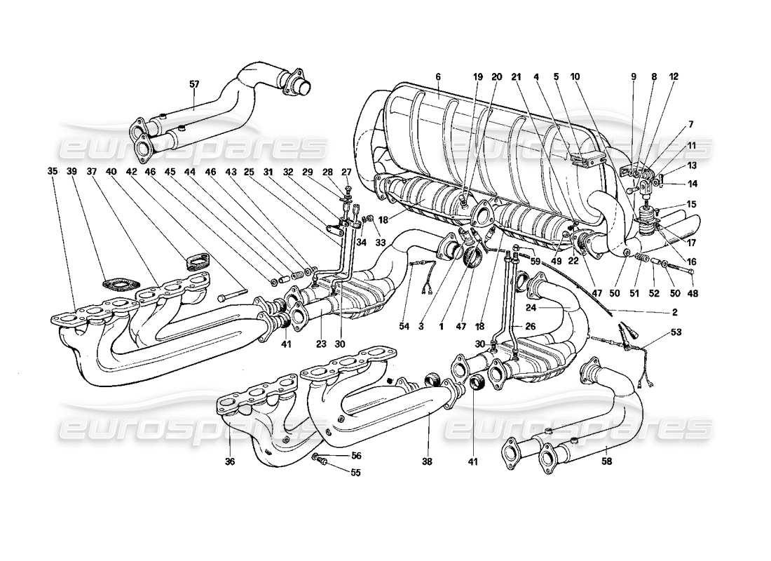 Ferrari Testarossa (1990) Exhaust System (for US - SA and Cat Version) Part Diagram