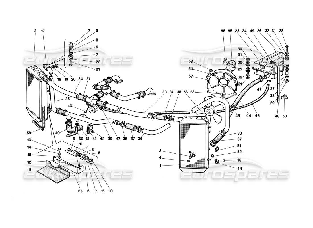 Ferrari Testarossa (1990) Cooling System Part Diagram
