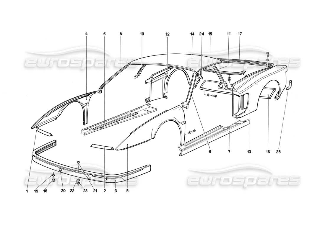 Ferrari Testarossa (1990) Body - External Components Part Diagram