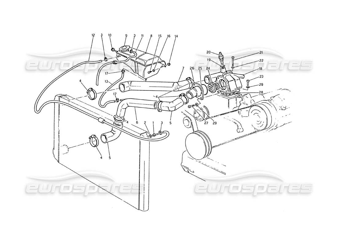 Maserati Biturbo 2.5 (1984) Engine Cooling Pipes and Thermostat Part Diagram