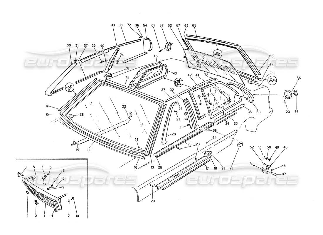 Maserati Biturbo 2.5 (1984) Radiator Grill - Finishers - Fixed Glasses Part Diagram