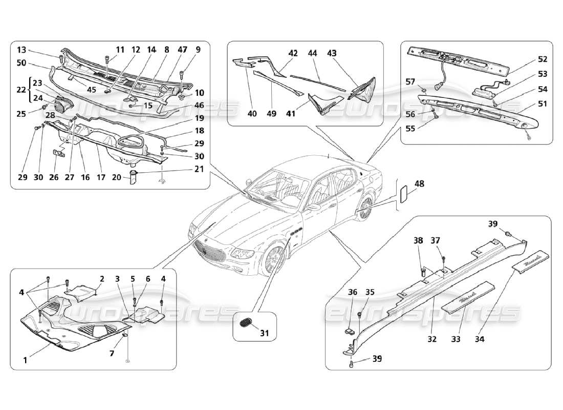 Maserati QTP. (2006) 4.2 Shields, Mouldings And Covers Part Diagram