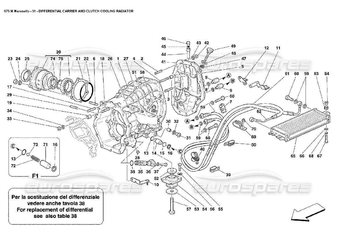Ferrari 575M Maranello Differential Carrier and Clutch Cooling Radiator Part Diagram