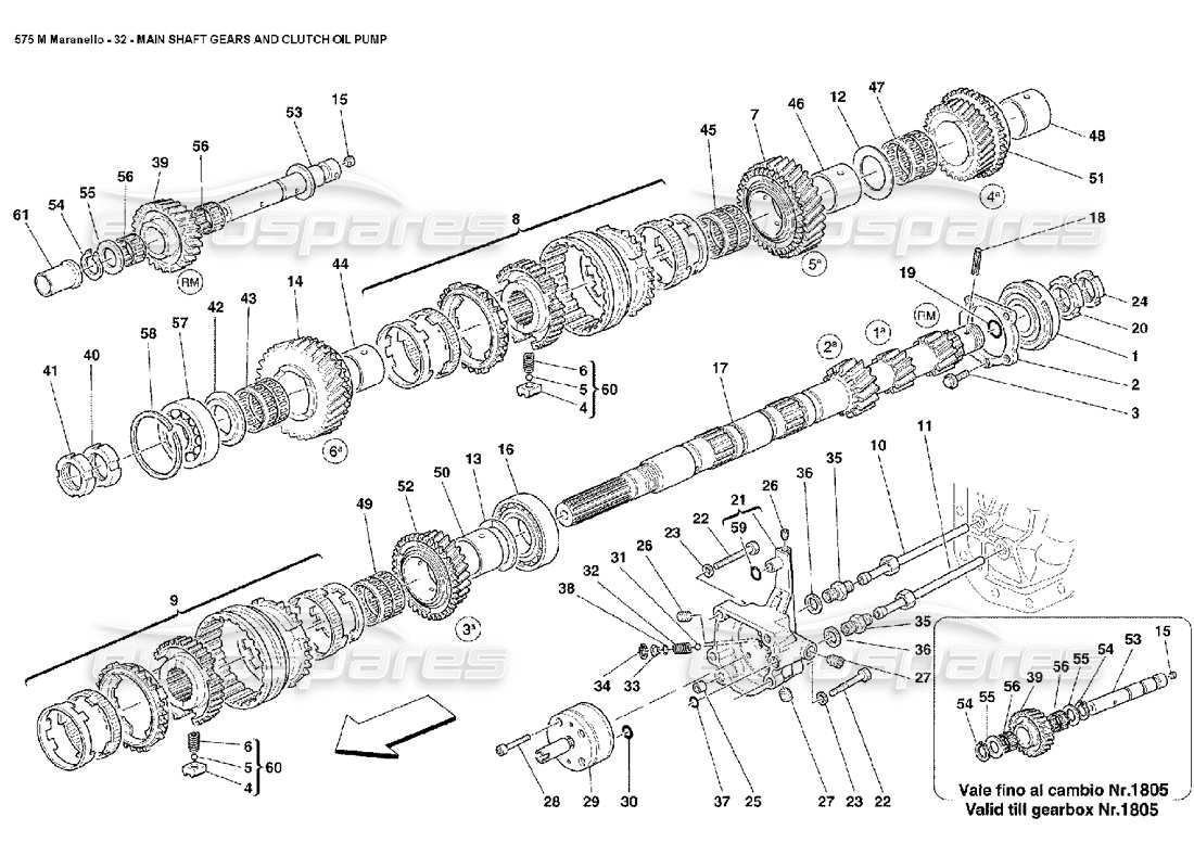 Ferrari 575M Maranello Main Shaft Gears and Clutch Oil Pump Part Diagram