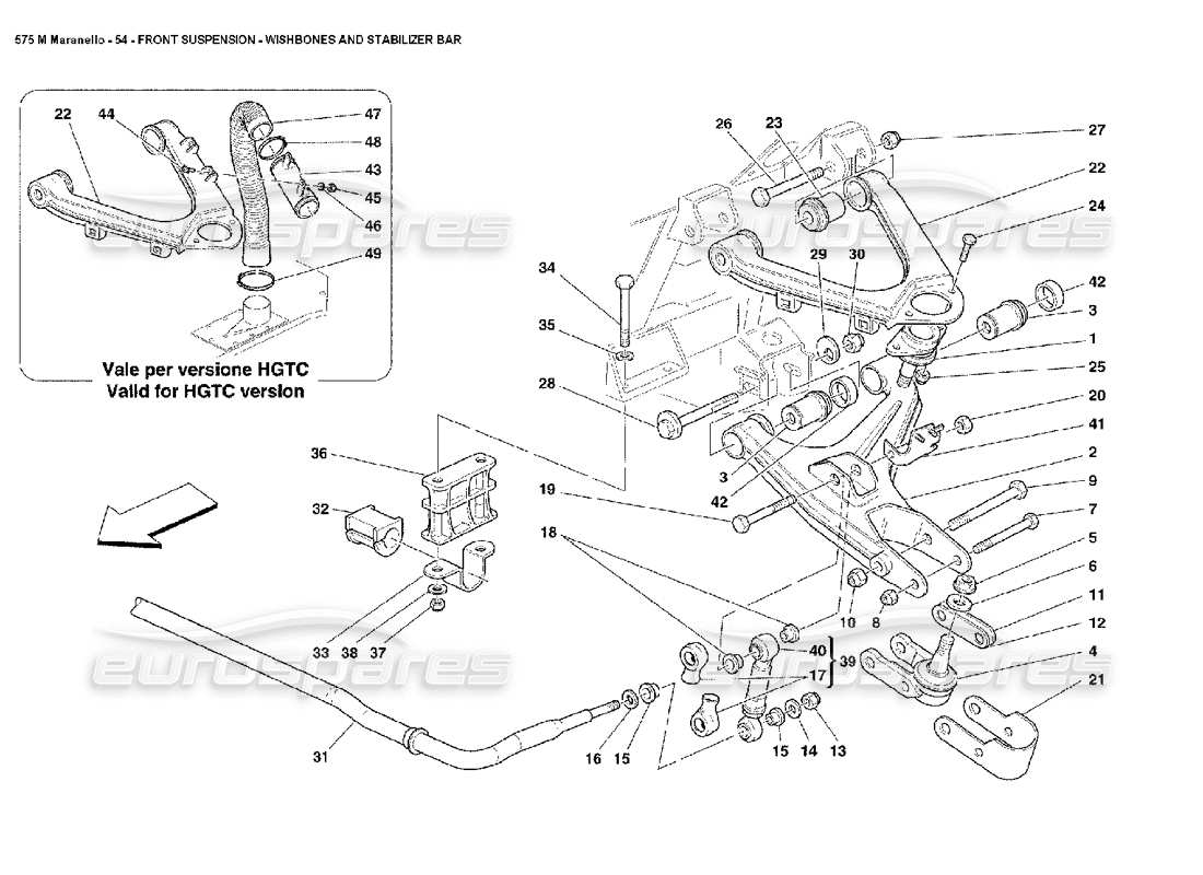 Ferrari 575M Maranello Front Suspension Wishbones and Stabilizer Bar Part Diagram