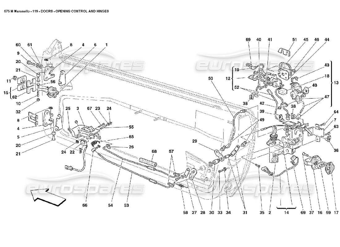 Ferrari 575M Maranello Doors Opening Control and Hinges Part Diagram