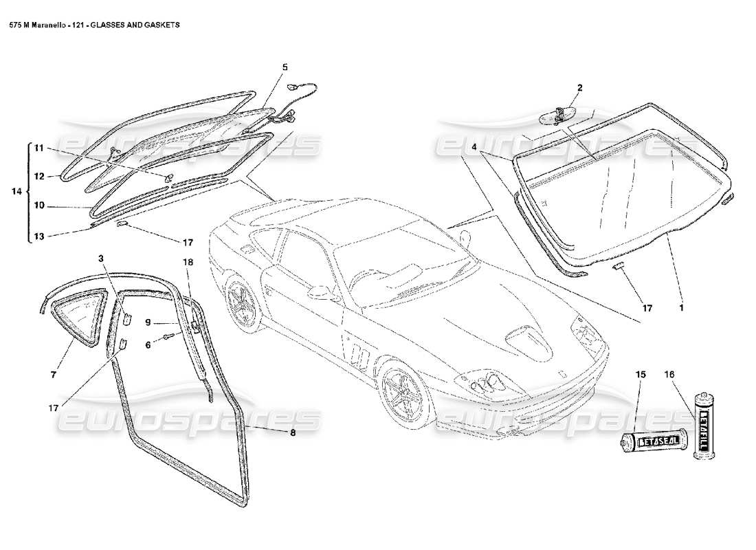 Ferrari 575M Maranello Glasses and Gaskets Part Diagram