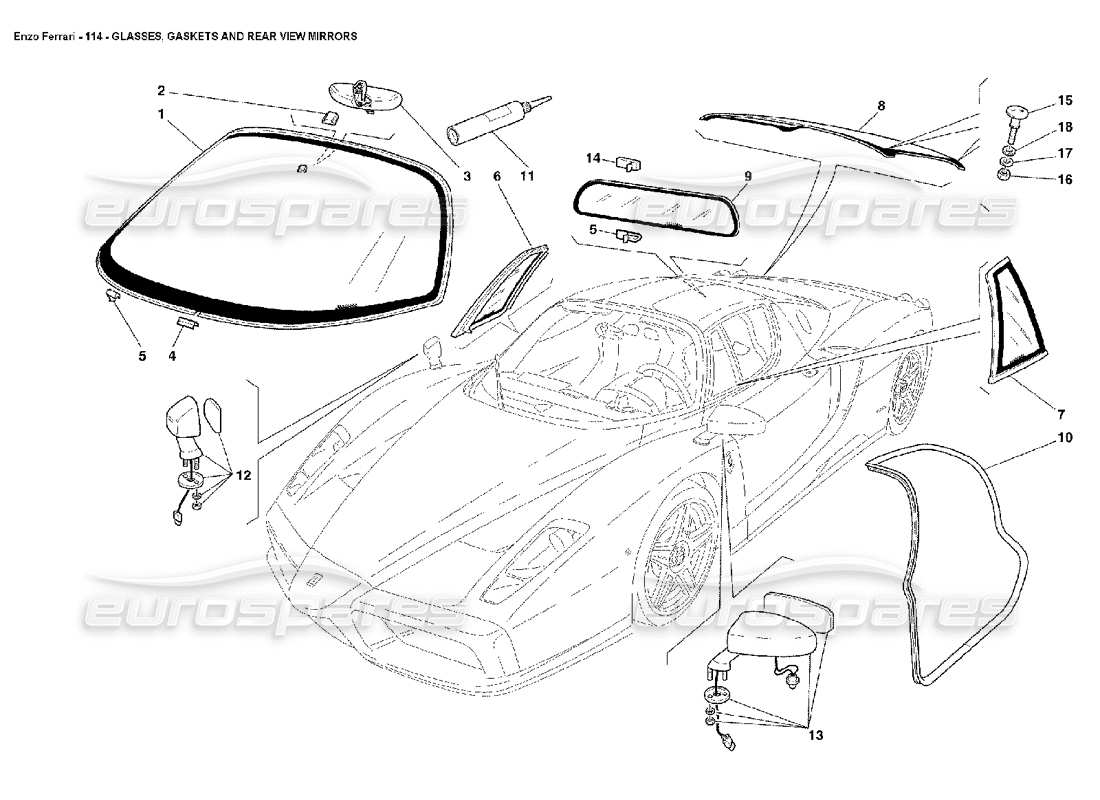 Ferrari Enzo Glasses, Gaskets and Rear View Mirrors Part Diagram