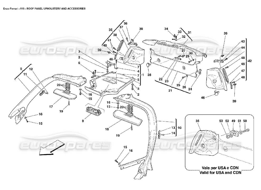 Ferrari Enzo Roof Panel Upholstery and Accessories Part Diagram
