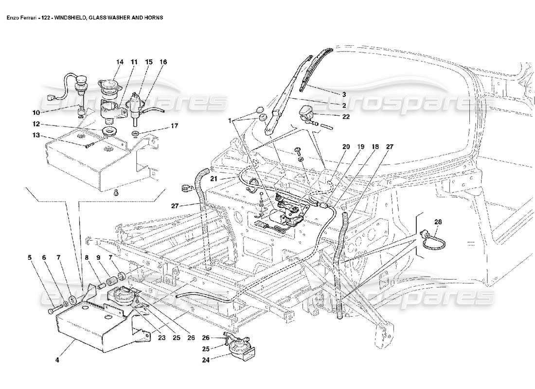 Ferrari Enzo Windshield, Glass Washer and Horns Part Diagram