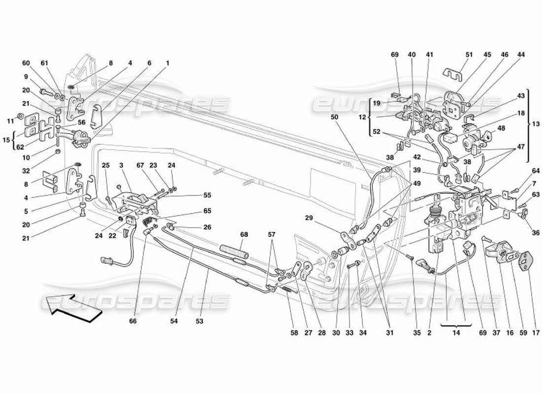 Ferrari 575 Superamerica Doors - Opening Control and Hinges Part Diagram