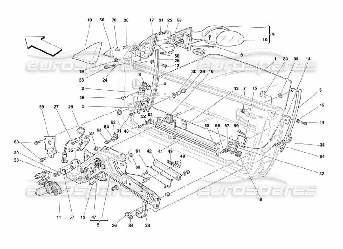 Ferrari 575 Superamerica Doors - Power Window and Rearview Mirror Part Diagram