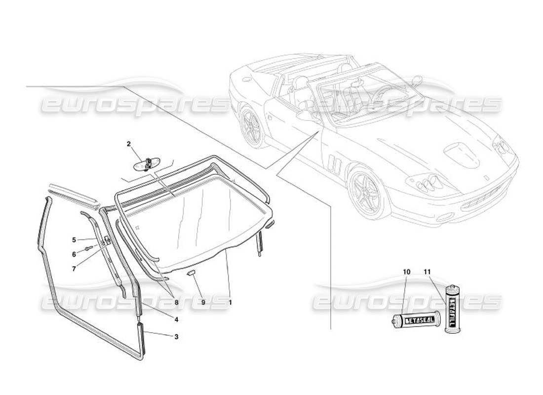 Ferrari 575 Superamerica Glasses and Gaskets Part Diagram