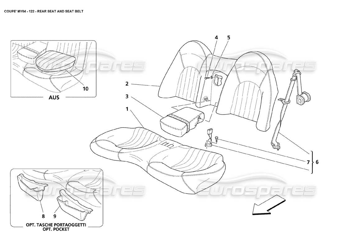 Maserati 4200 Coupe (2004) Rear Seat and Seat Belt Parts Diagram