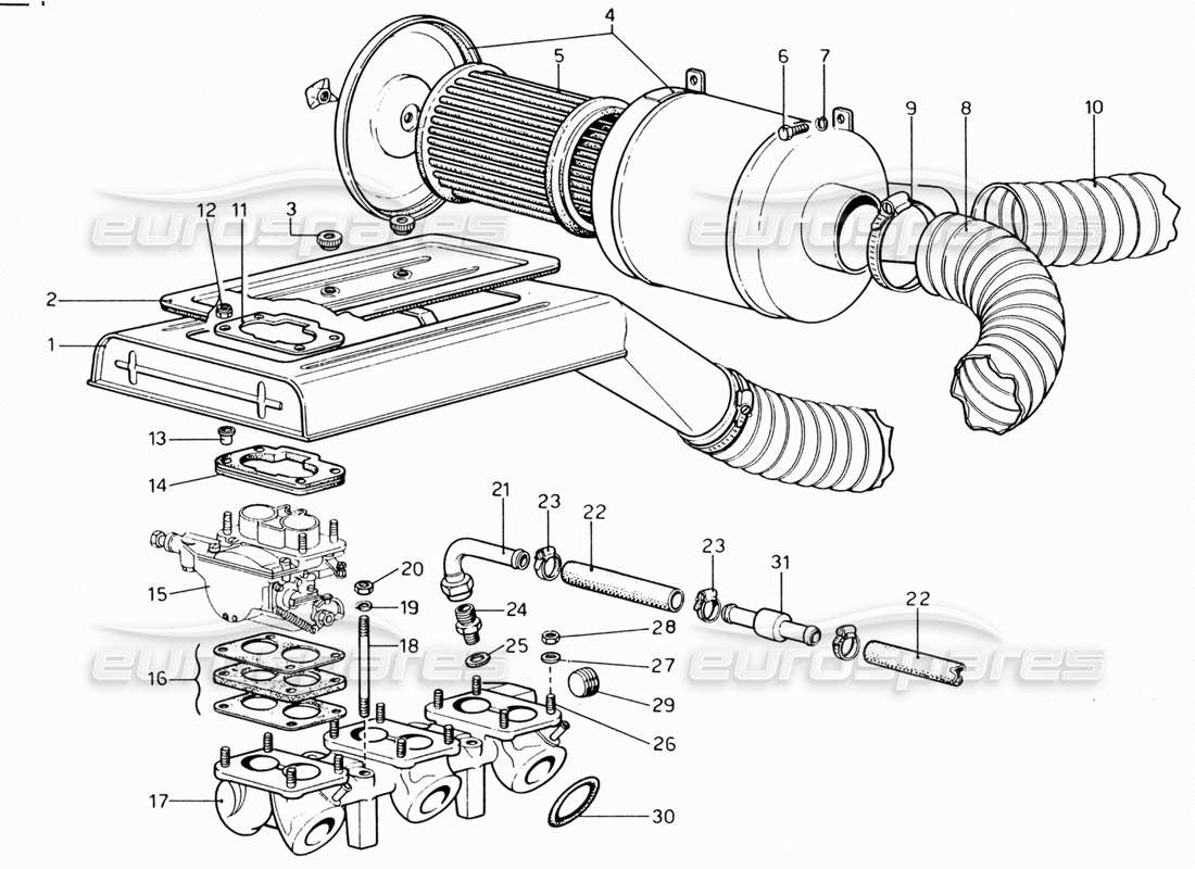 Ferrari 206 GT Dino (1969) air filter and manifolds Part Diagram