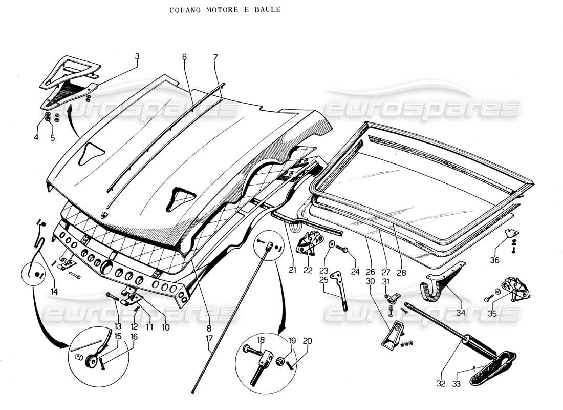 Lamborghini Espada Engine Hood and Trunk Part Diagram