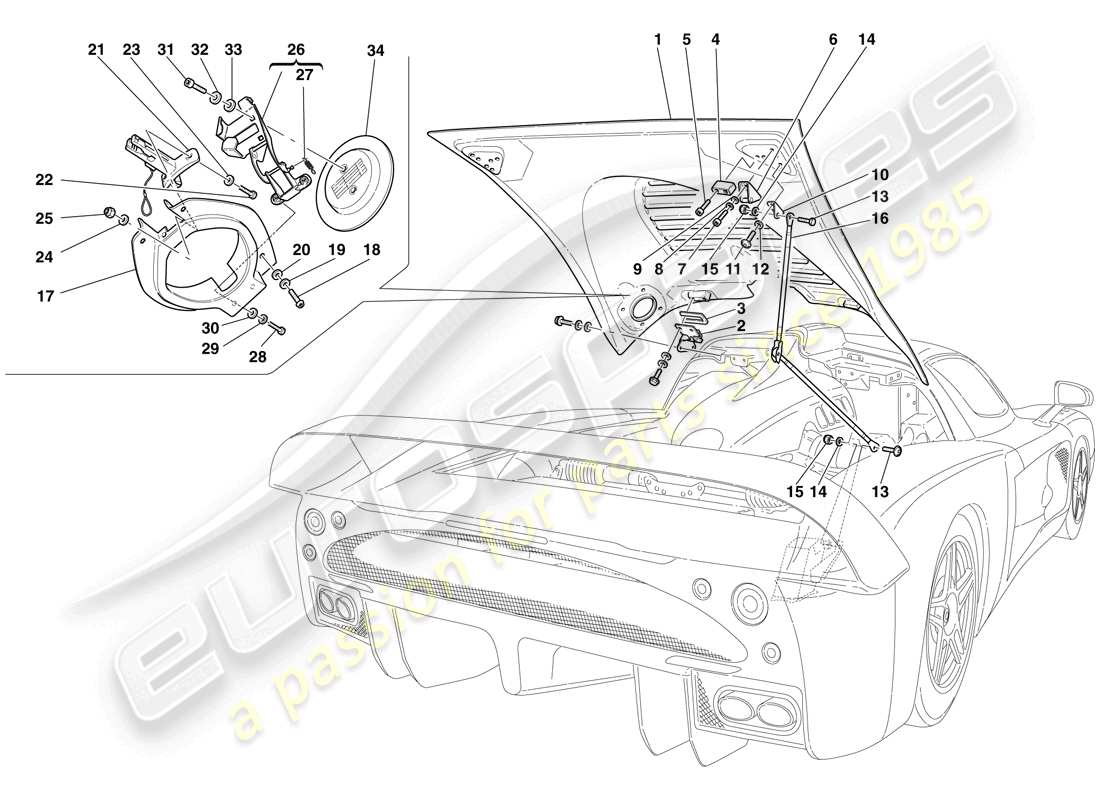 Maserati MC12 Engine Bonnet and Gas Door Part Diagram
