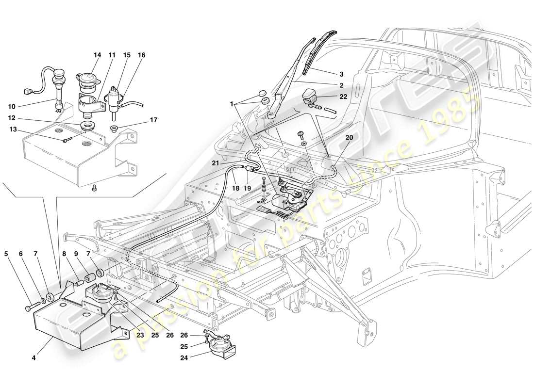 Maserati MC12 WINDSHIELD WIPER, GLASS WASHER AND HORNS Part Diagram