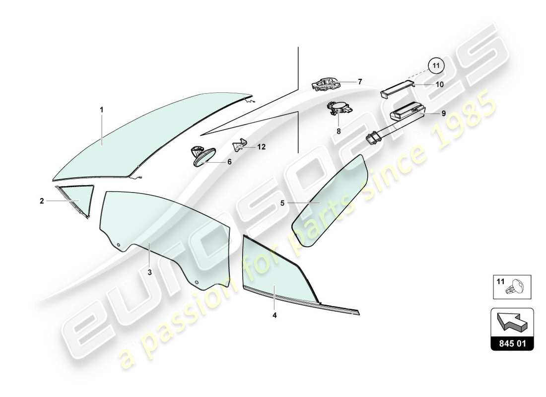 Lamborghini Evo Coupe (2020) WINDOW GLASSES Part Diagram