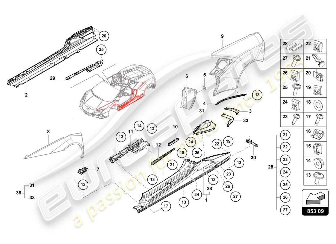 Lamborghini Evo Coupe (2020) LOWER EXTERNAL SIDE MEMBER FOR WHEEL HOUSING Part Diagram
